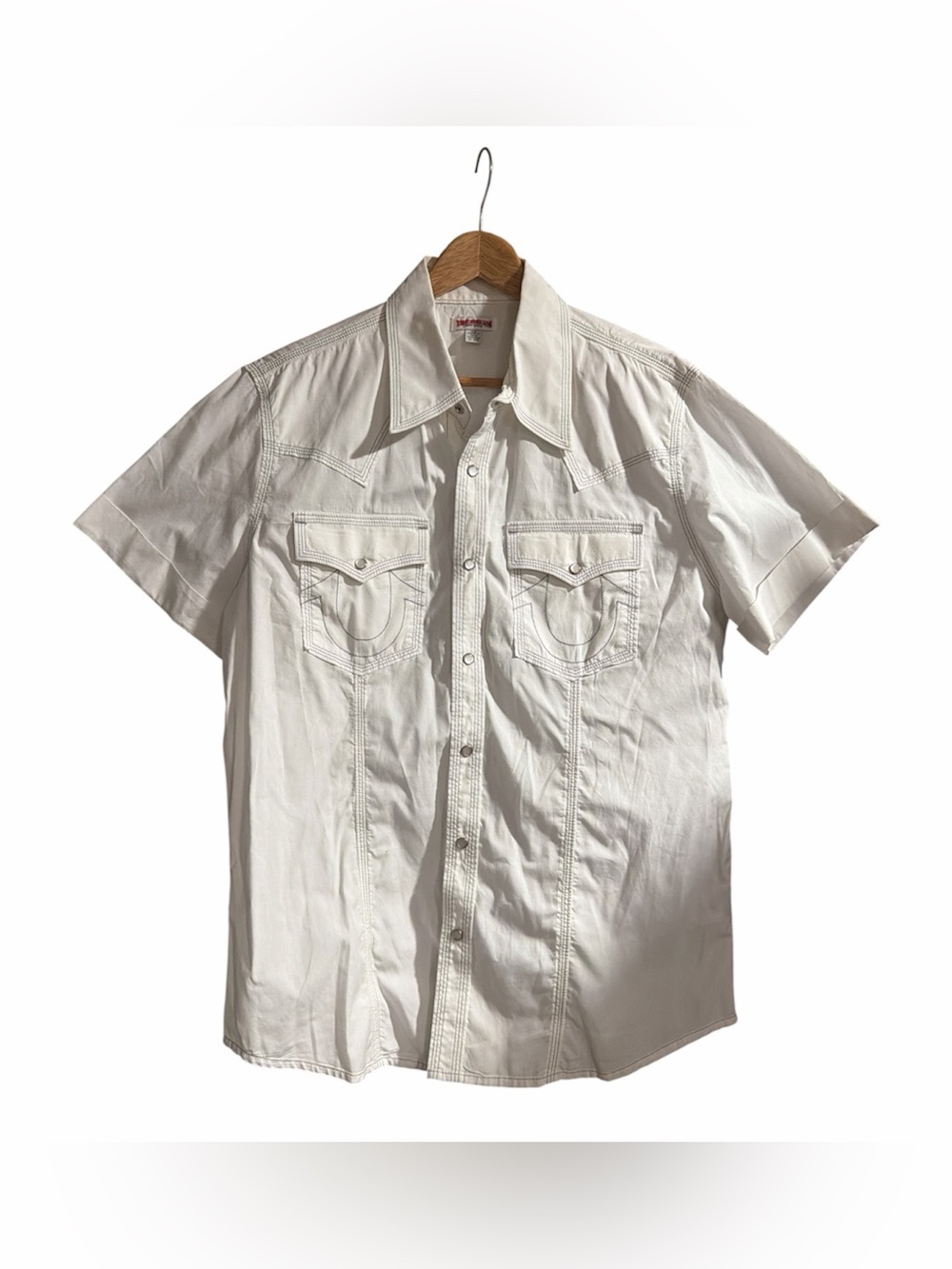 True Religion Men’s White Short Sleeve Shirt Pearl Snap Buttons